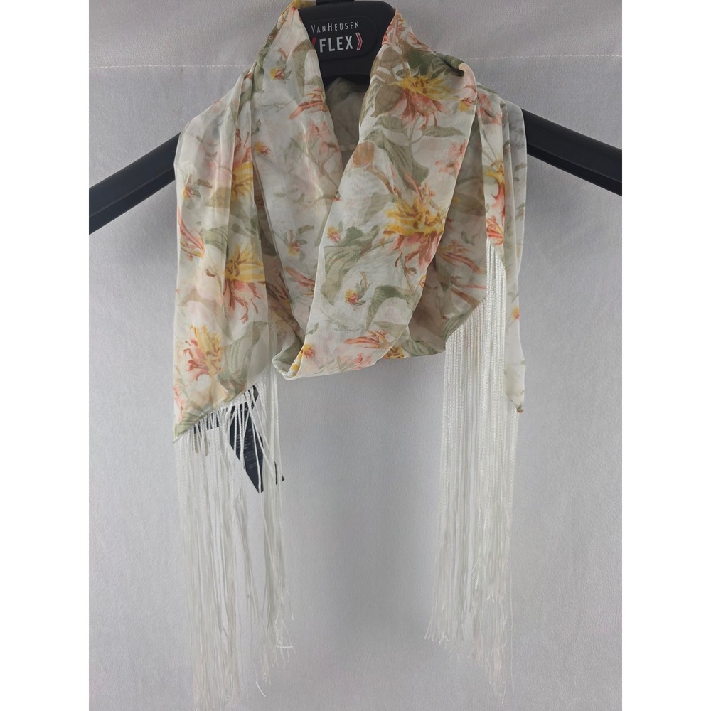 NWT White House, Black Market botanical tango skinny scarf w/ fringe in ecru